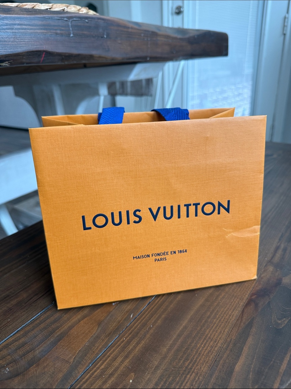 Authentic Louis Vuitton Orange Shopping Bag Tote with Blue Handles Small